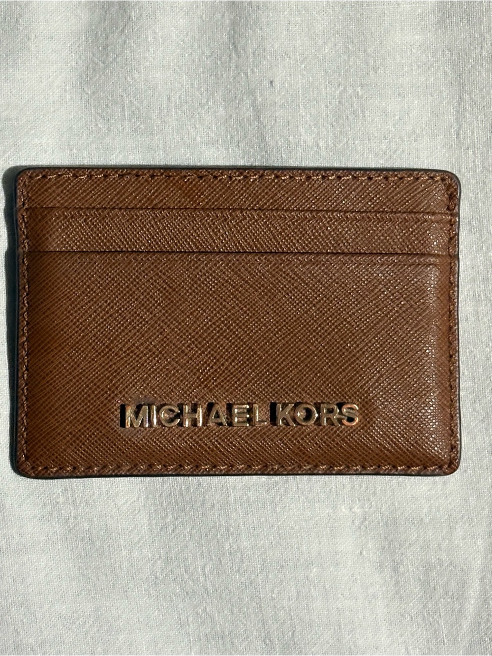 Michael Kors Brown Saffiano Leather Card Case with Gold Logo